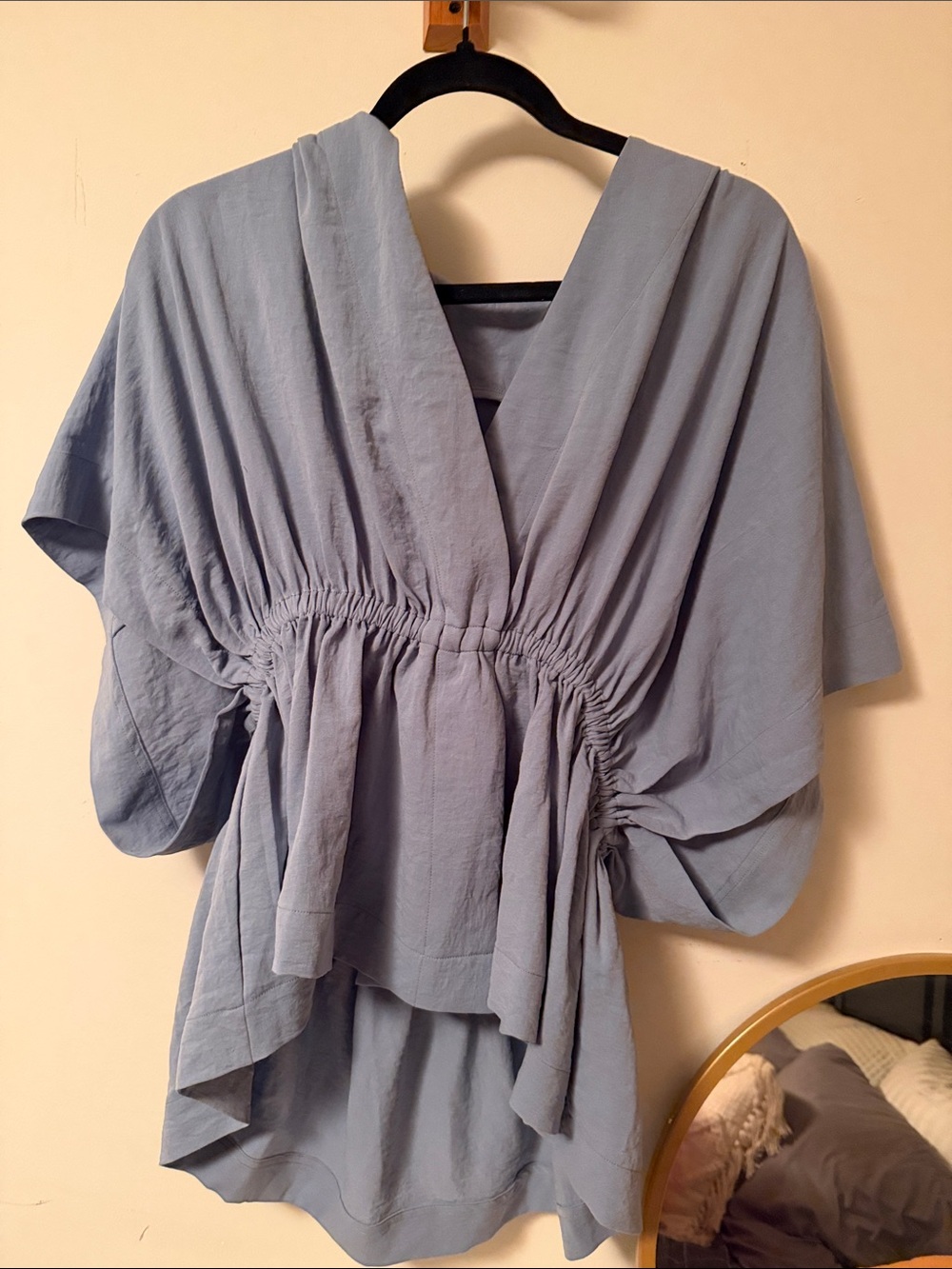 Light Blue V-Neck Ruched Waist Women's Top
